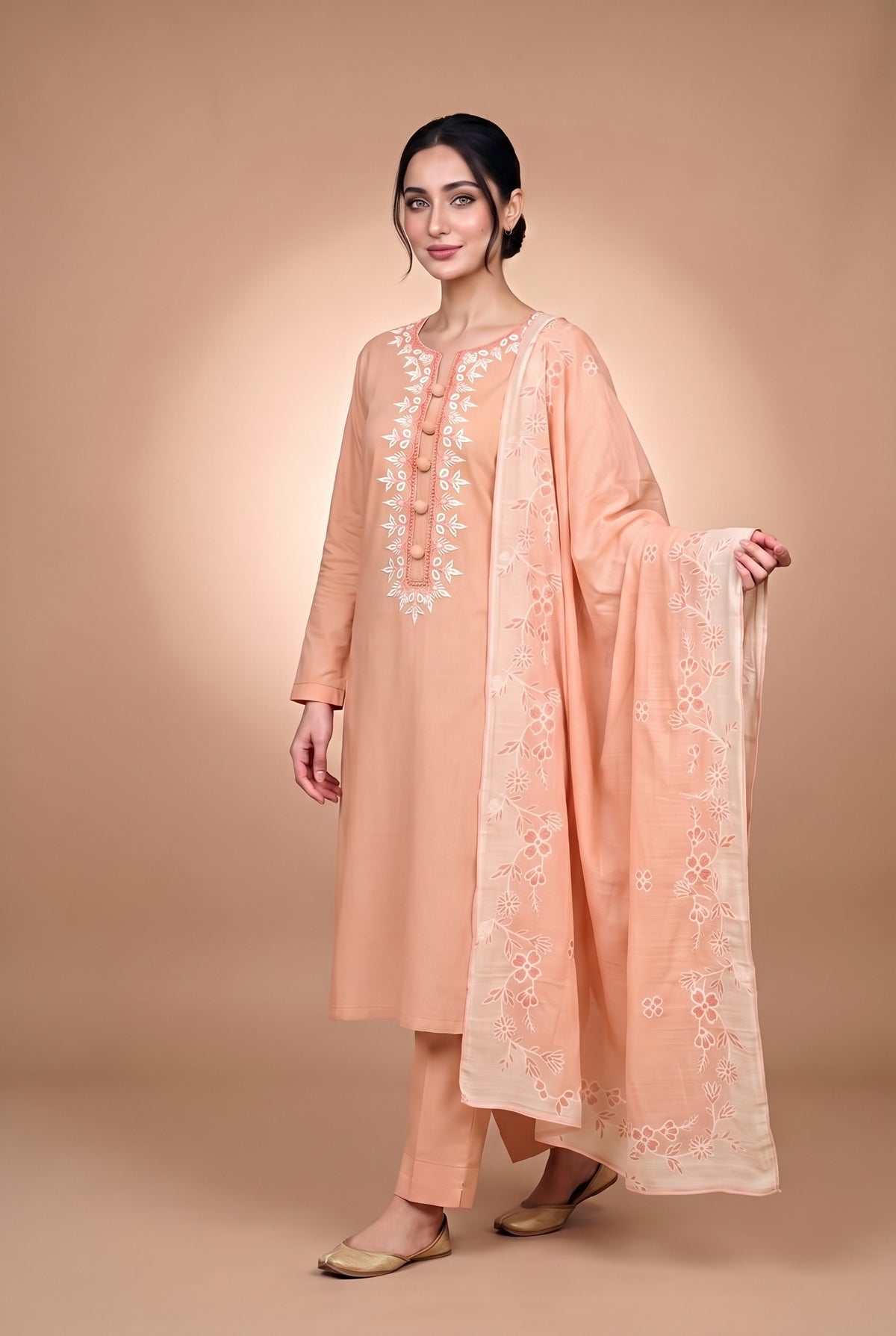 Model wearing the Apricot Blossom Suit in soft apricot, full-length front view with the printed dupatta draped over one shoulder