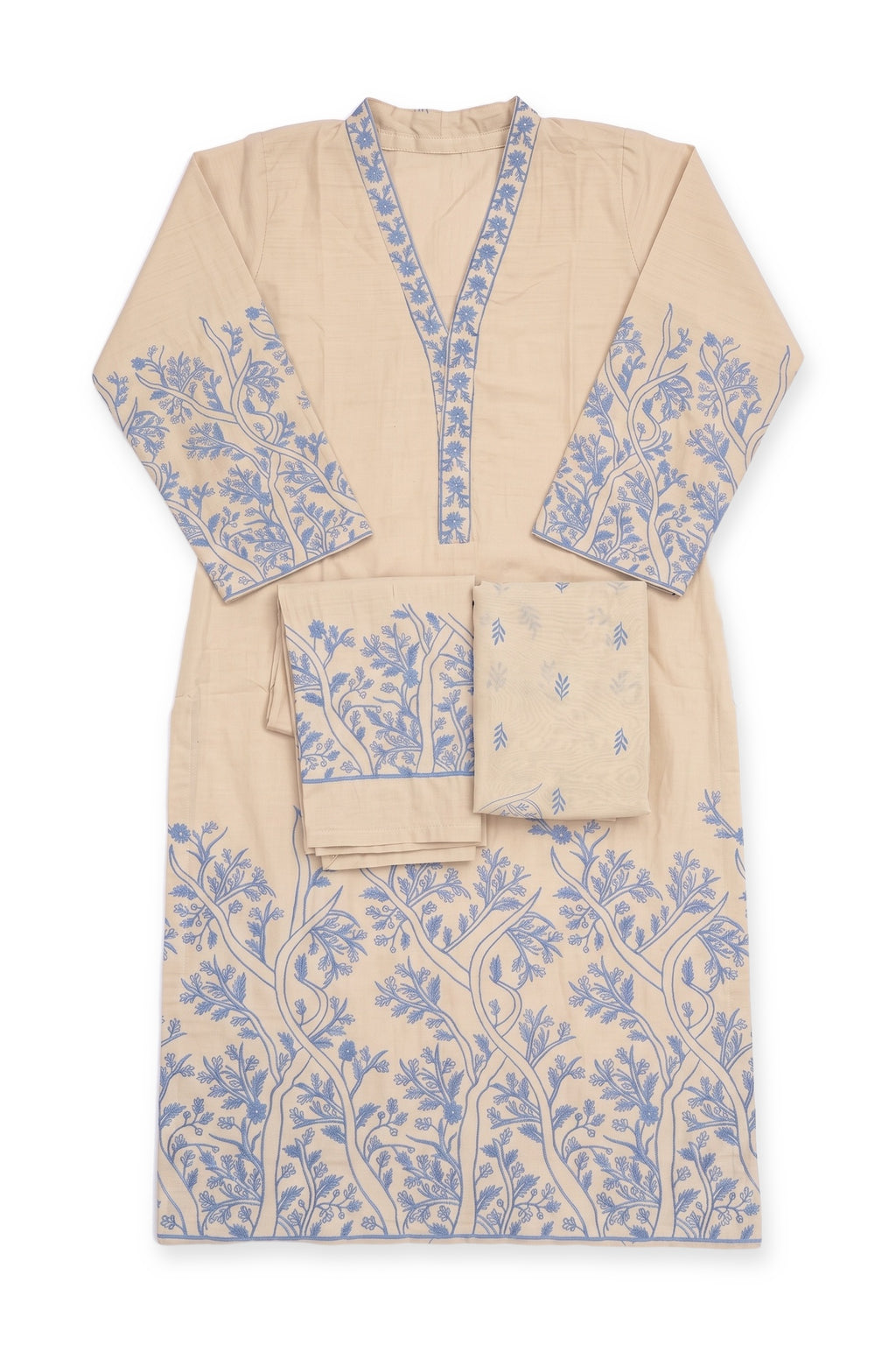 Grove Suit in sand laid flat on white with its folded trousers and dupatta