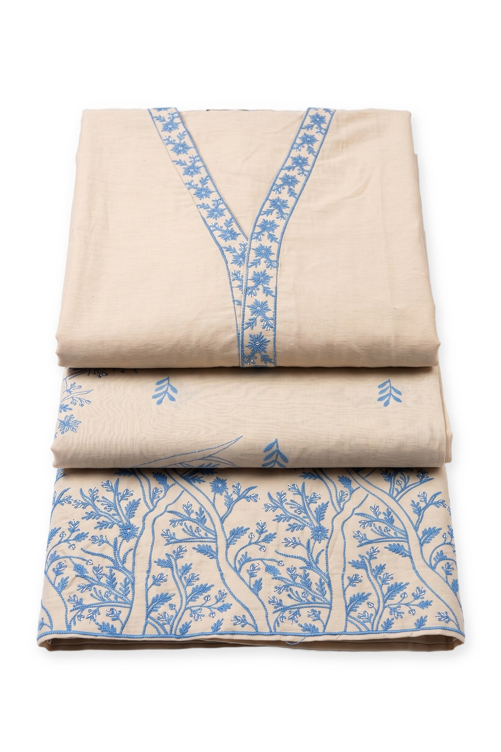 Grove Suit in sand folded to show the V-neck band, with the dupatta and embroidered trouser hem below