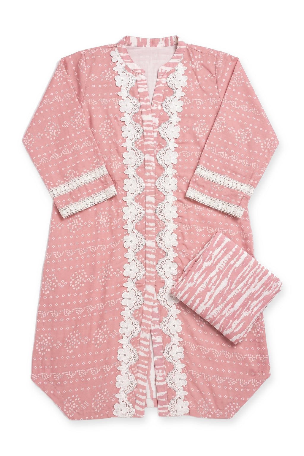 Blush Bandhani Lace Suit laid flat on white with its folded trousers
