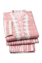 Blush Bandhani Lace Suit folded to show the lace-edged placket and lace cuff, with the trousers