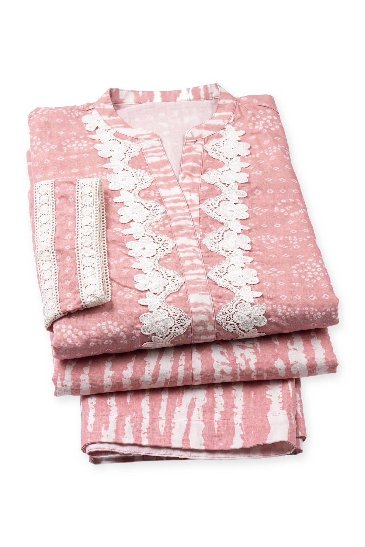Blush Bandhani Lace Suit folded to show the lace-edged placket and lace cuff, with the trousers