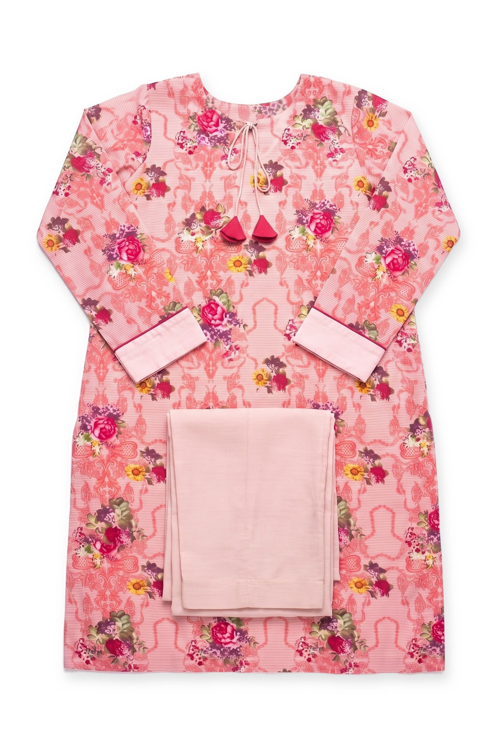 Blush Bouquet Suit laid flat on white with its folded plain trousers