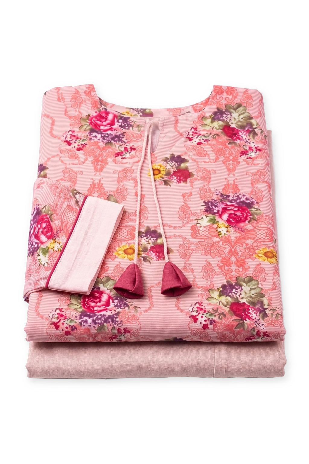 Blush Bouquet Suit folded to show the neck ties, raspberry tassels and piped cuff, with the trousers