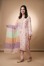 Model wearing the Blush Prism Suit in blush pink, full-length front view holding the colour-block dupatta