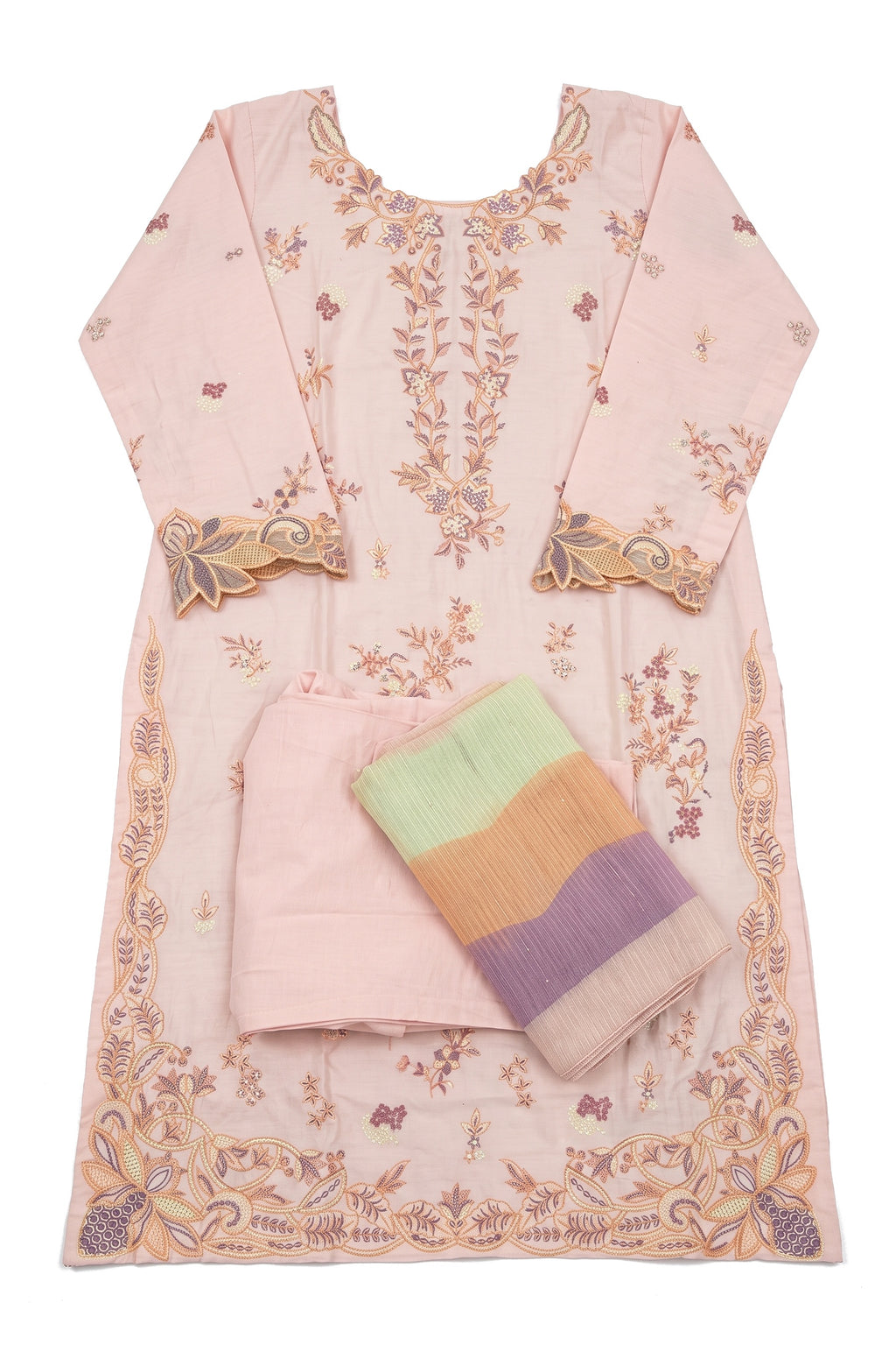 Blush Prism Suit laid flat on white with its folded trousers and dupatta
