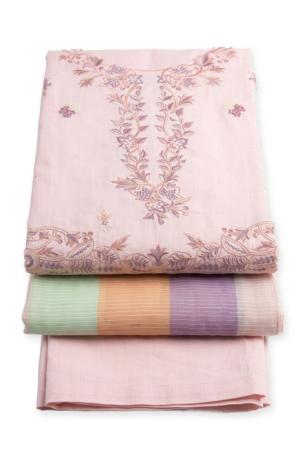 Blush Prism Suit folded to show the embroidered neckline, with the pastel colour-block dupatta and trousers