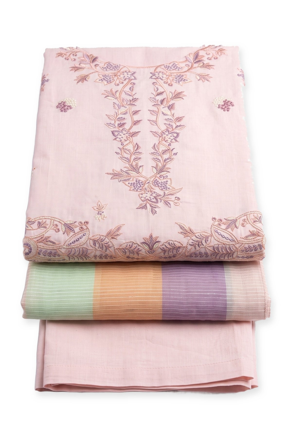 Blush Prism Suit folded to show the embroidered neckline, with the pastel colour-block dupatta and trousers