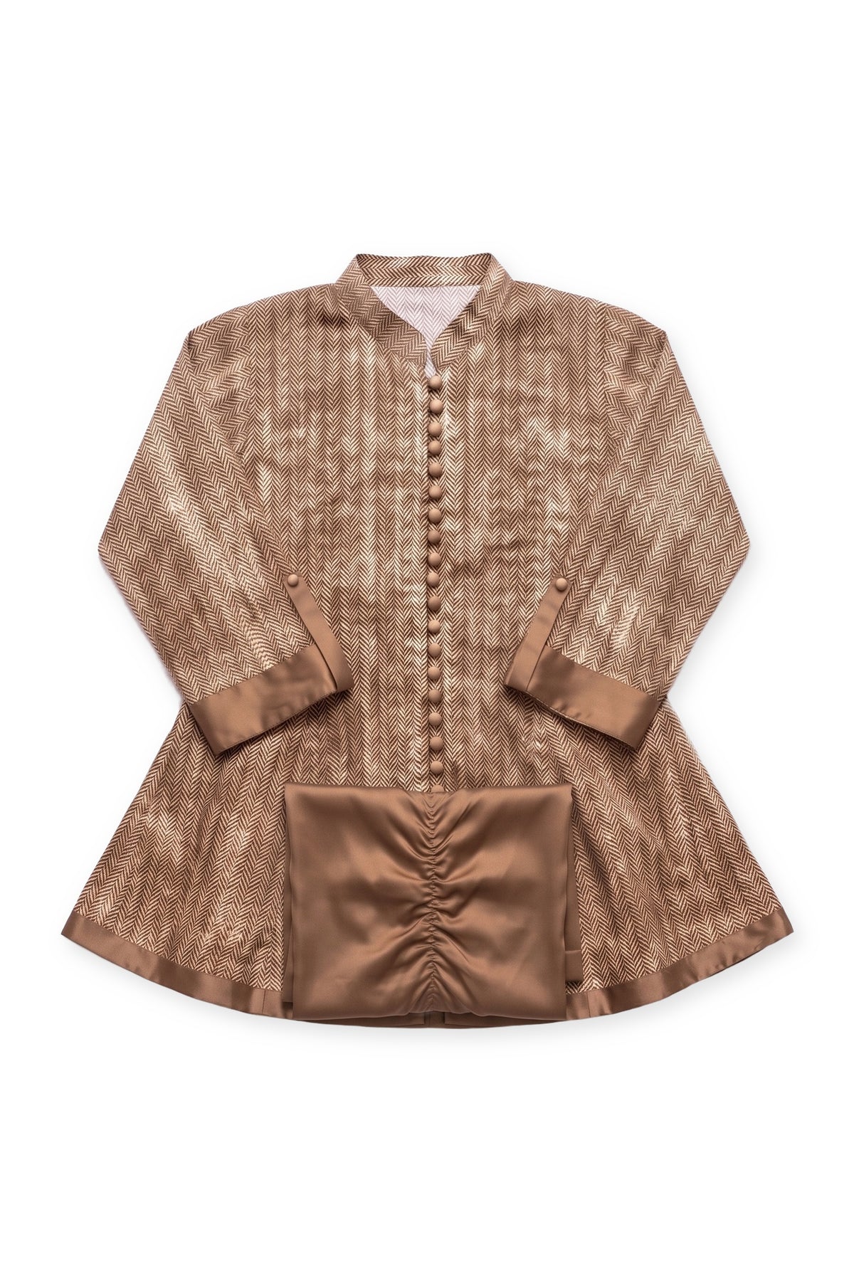 Bronze Herringbone Suit laid flat on white with its folded bronze trousers