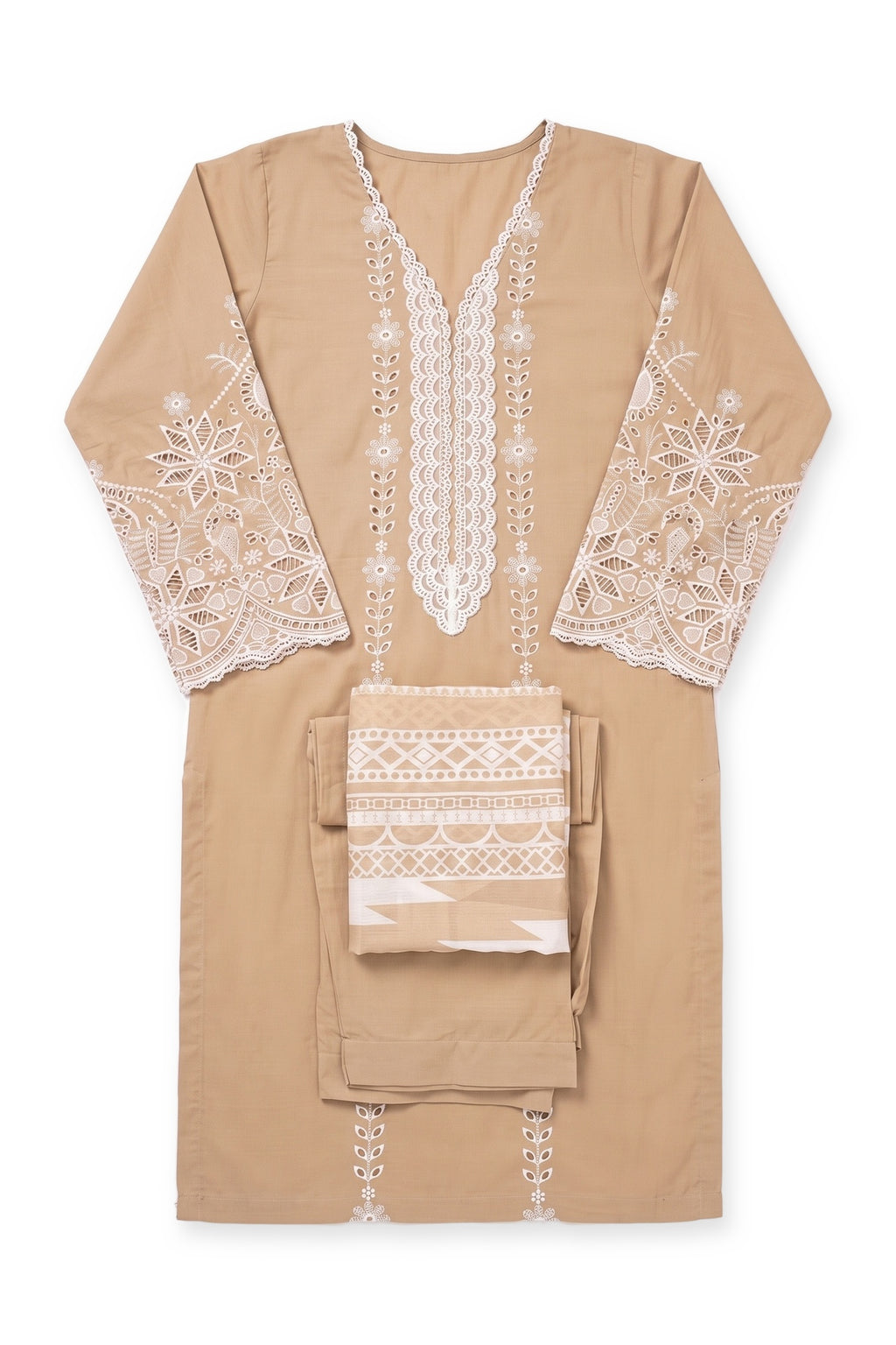 Fawn Eyelet Suit laid flat on white with its folded trousers and dupatta