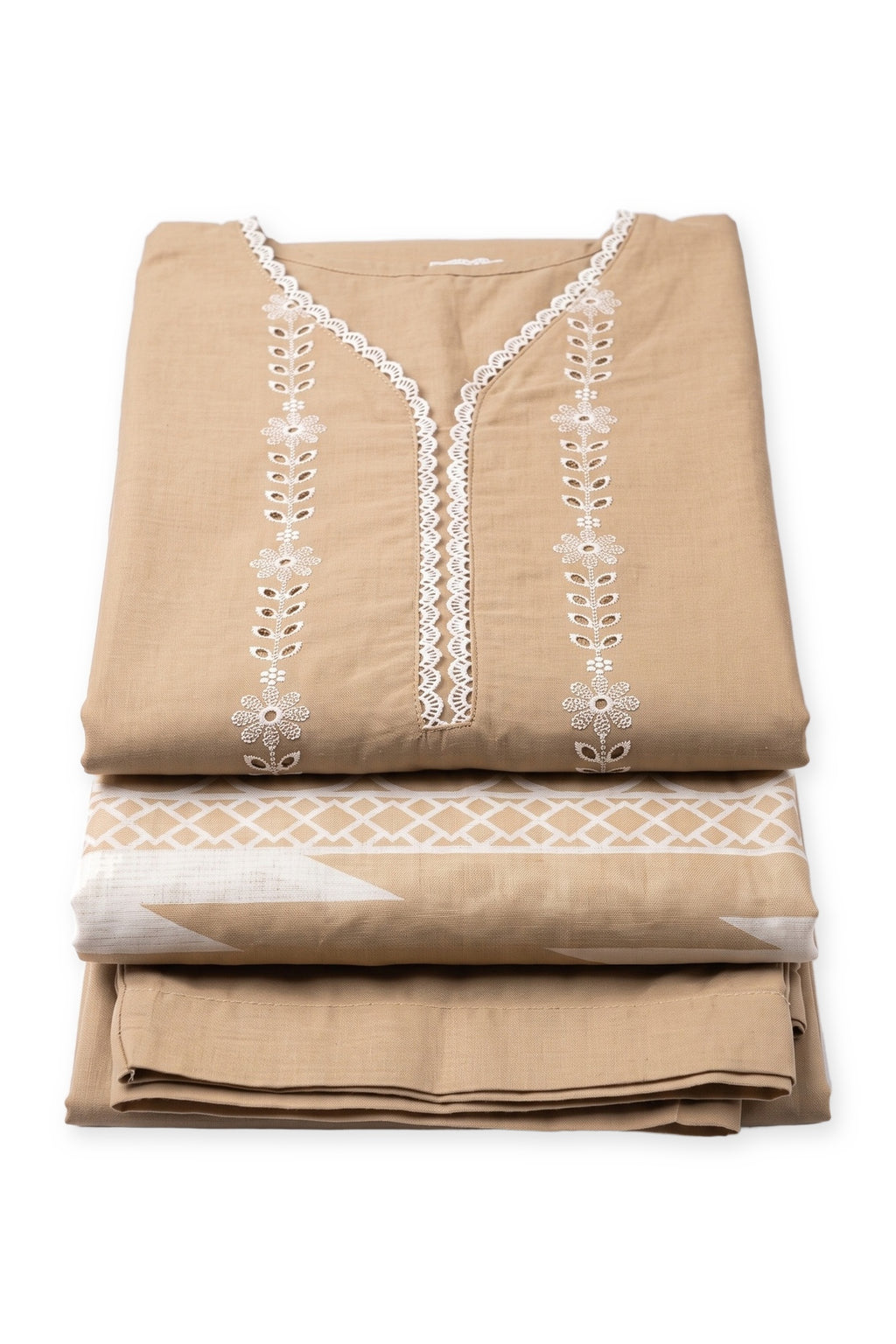 Fawn Eyelet Suit folded to show the eyelet neckline, with the geometric-print dupatta and trousers
