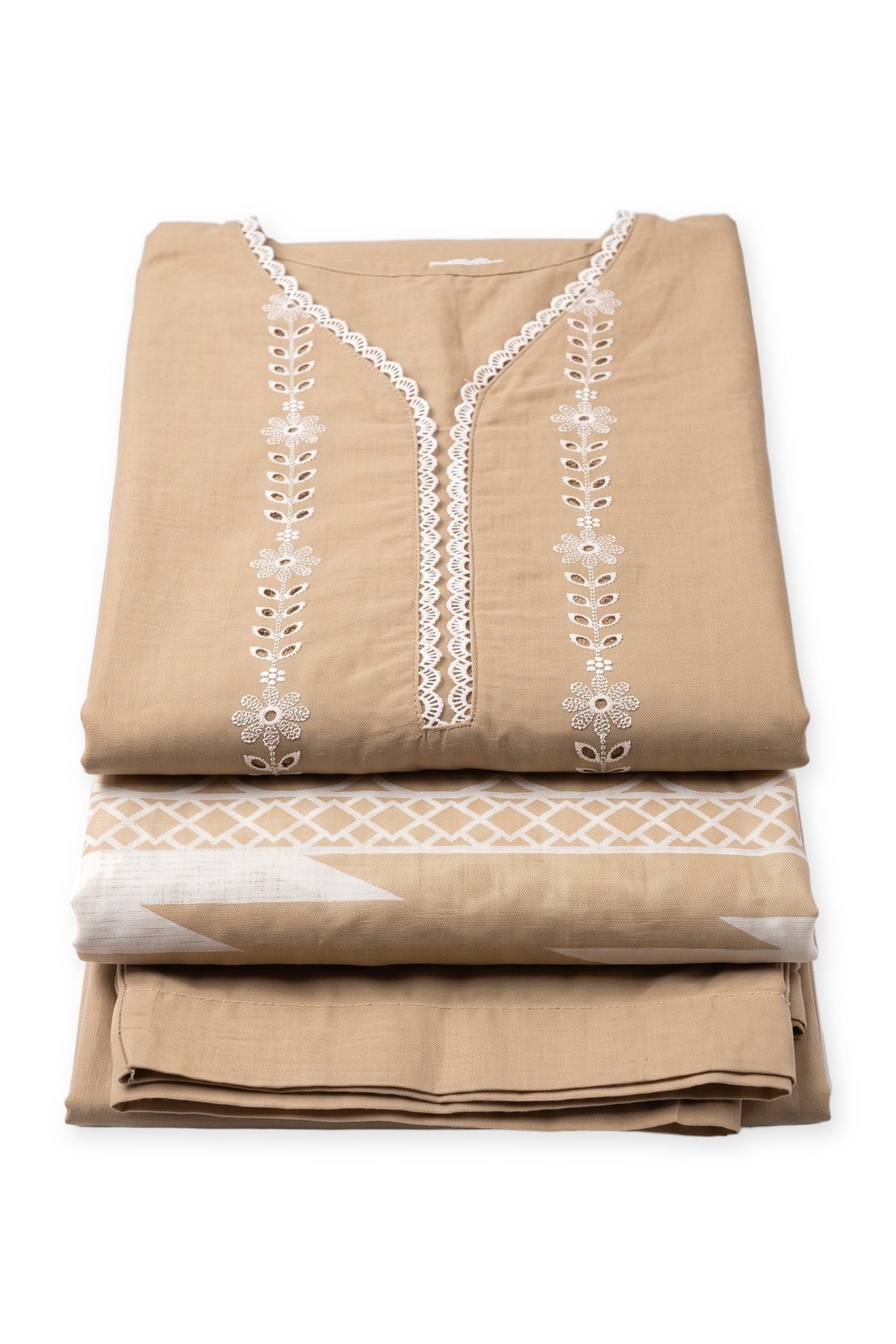 Fawn Eyelet Suit folded to show the eyelet neckline, with the geometric-print dupatta and trousers