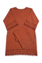 Lace Trim Suit in rust laid flat on white with its folded trousers
