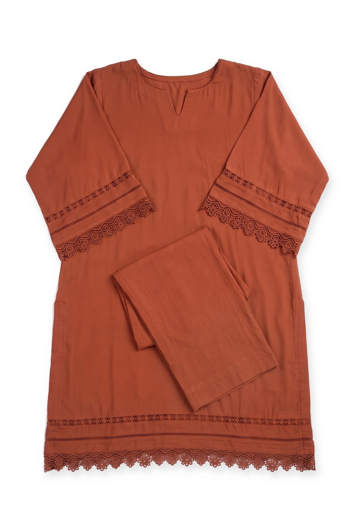 Lace Trim Suit in rust laid flat on white with its folded trousers
