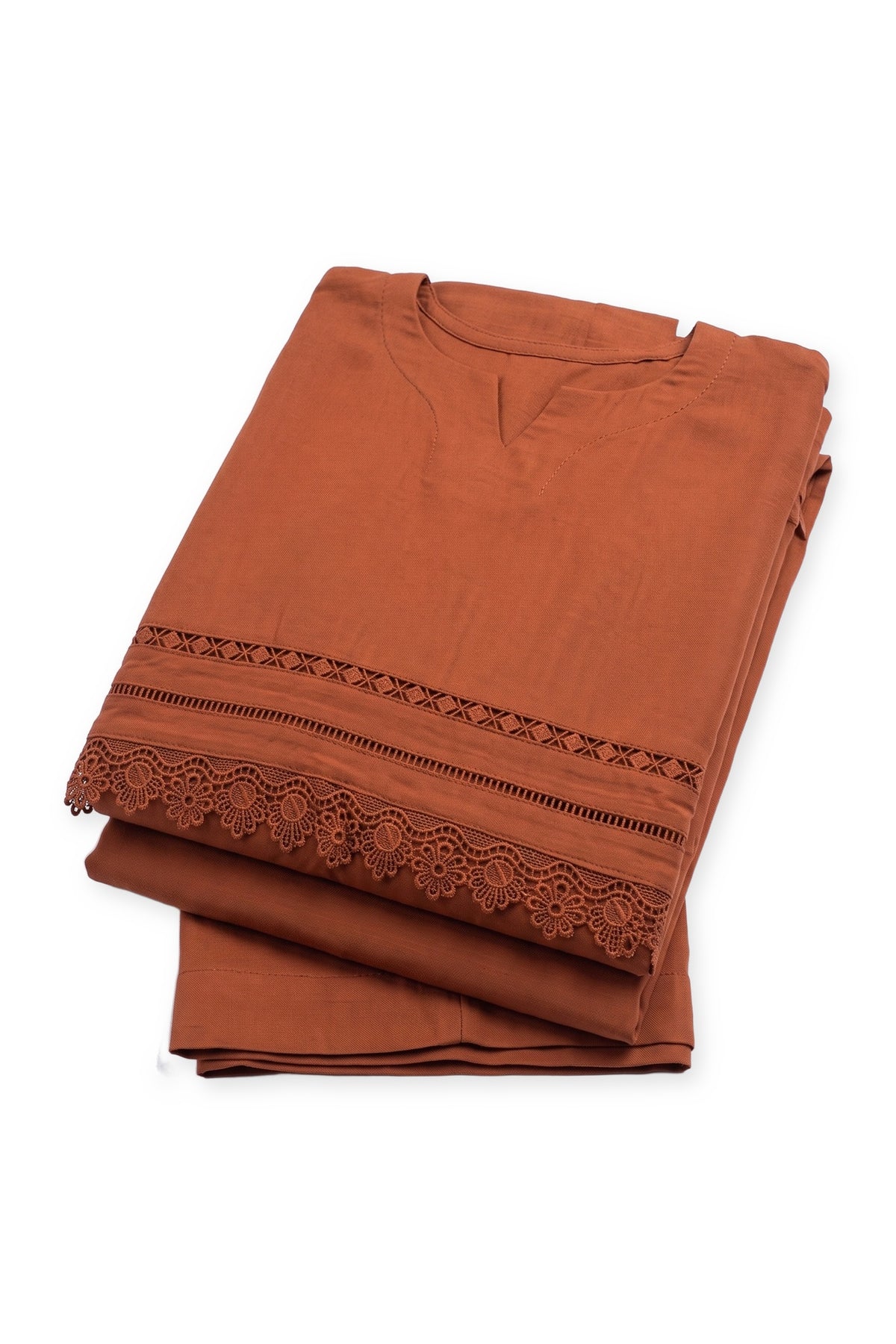 Lace Trim Suit in rust folded to show the V-notch neckline and lace hem, with the trousers