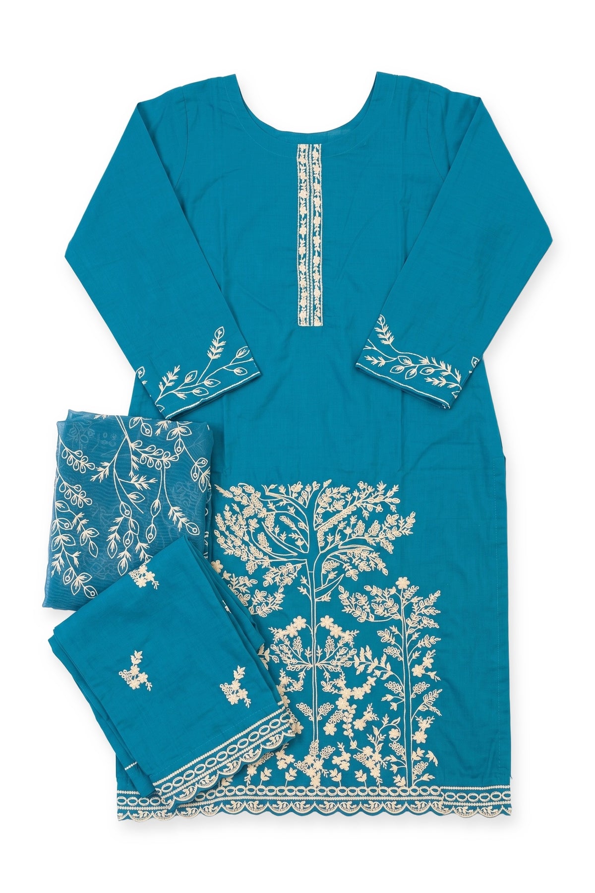 Blossom Tree Suit in peacock blue laid flat on white with its folded trousers and dupatta