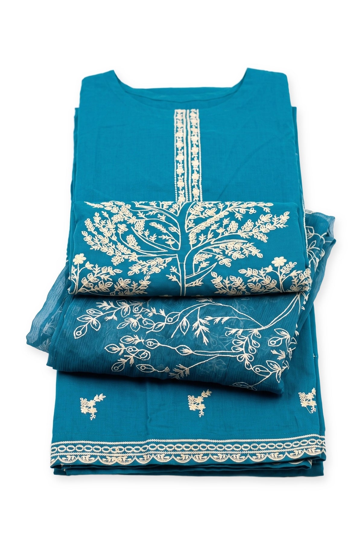 Blossom Tree Suit in peacock blue folded to show the tree panel, with the leaf-print dupatta and trousers