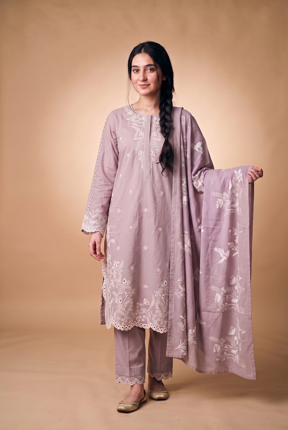 Model wearing the Lavender Eyelet Suit in lavender, full-length front view with the printed dupatta