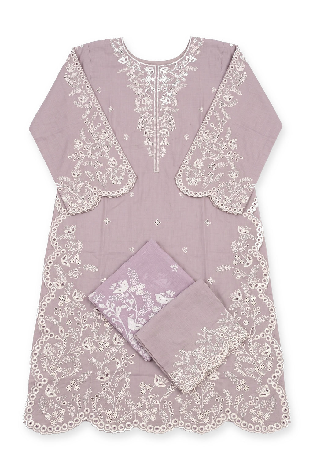Lavender Eyelet Suit laid flat on white with its folded trousers and dupatta