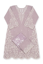 Lavender Eyelet Suit laid flat on white with its folded trousers and dupatta