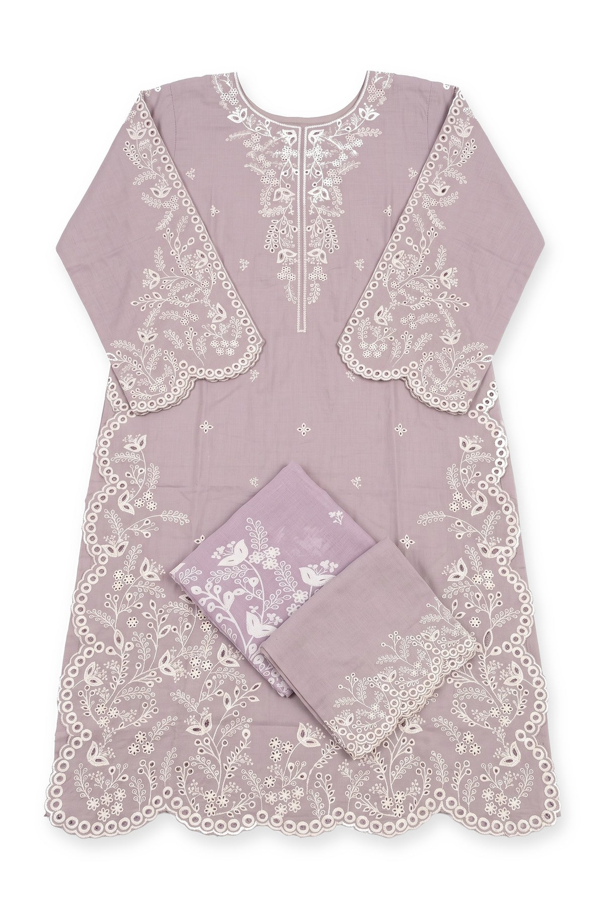 Lavender Eyelet Suit laid flat on white with its folded trousers and dupatta