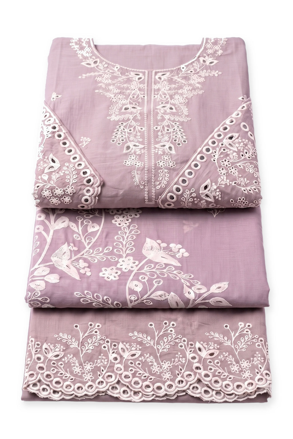 Lavender Eyelet Suit folded to show the neckline, with the bird-print dupatta and scalloped trouser hem