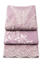 Lavender Eyelet Suit folded to show the neckline, with the bird-print dupatta and scalloped trouser hem