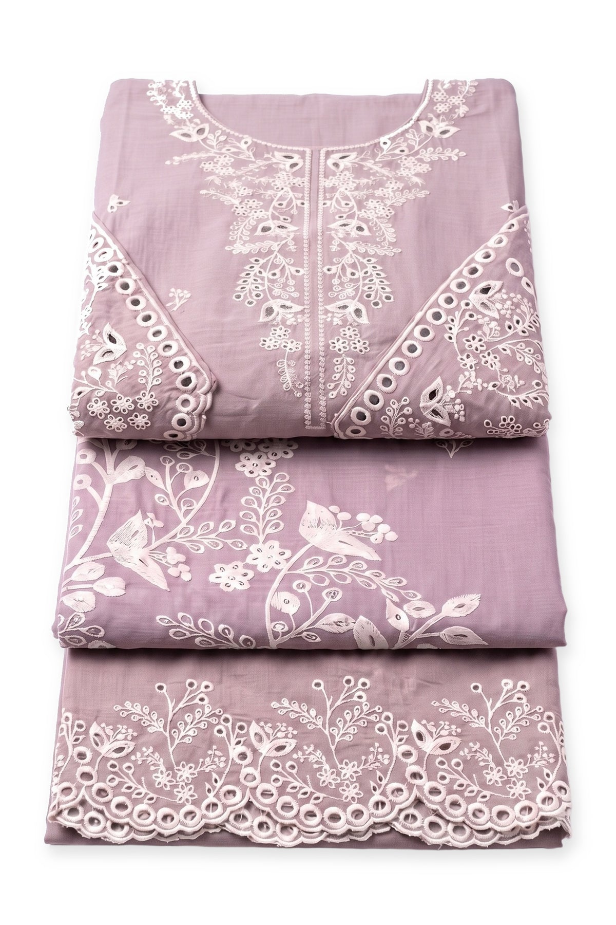 Lavender Eyelet Suit folded to show the neckline, with the bird-print dupatta and scalloped trouser hem