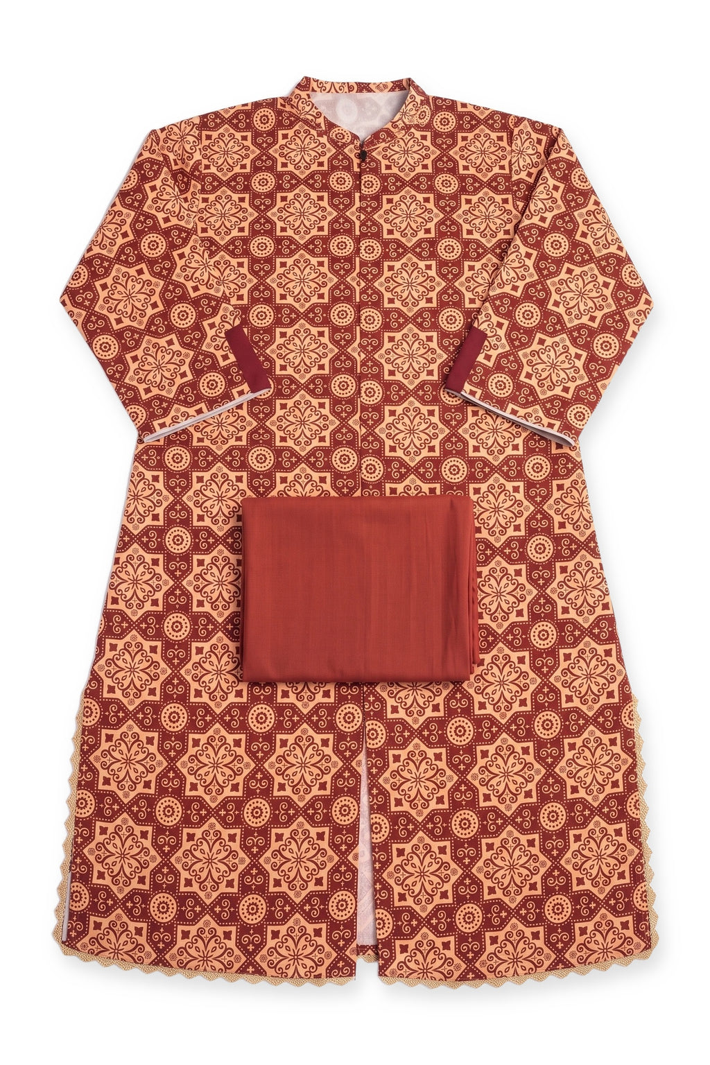 Maroon Star Tile Suit laid flat on white with its folded red trousers