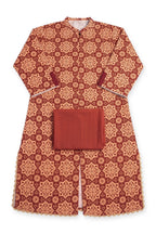 Maroon Star Tile Suit laid flat on white with its folded red trousers