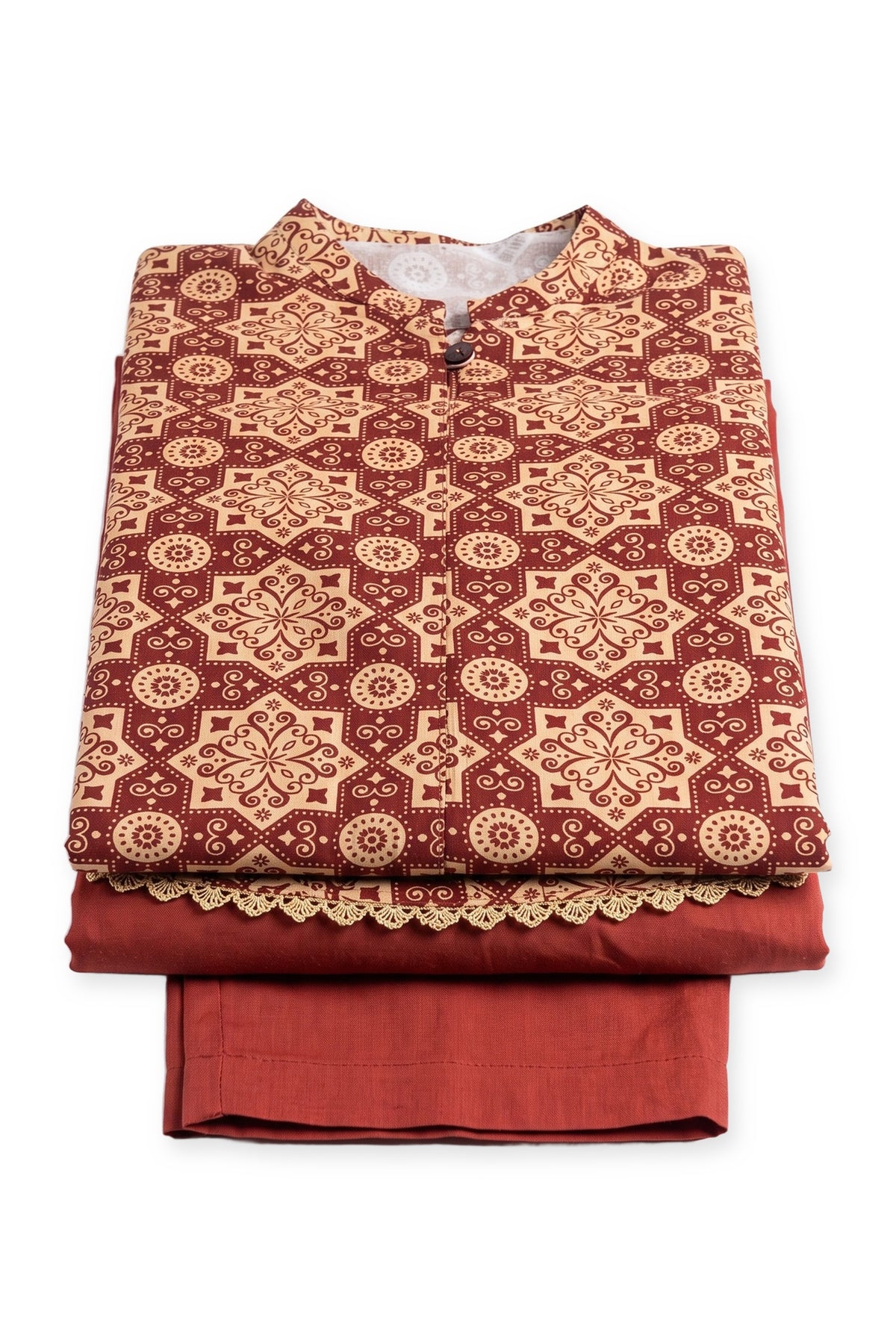 Maroon Star Tile Suit folded to show the collar and shell-edged hem, with the red trousers