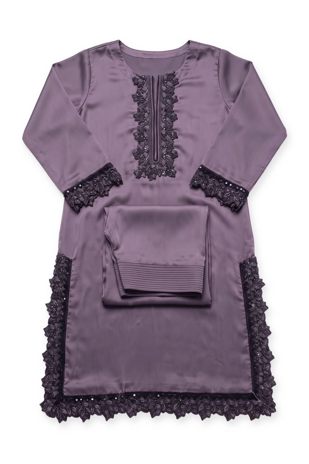 Mauve Noir Lace Suit laid flat on white with its folded trousers