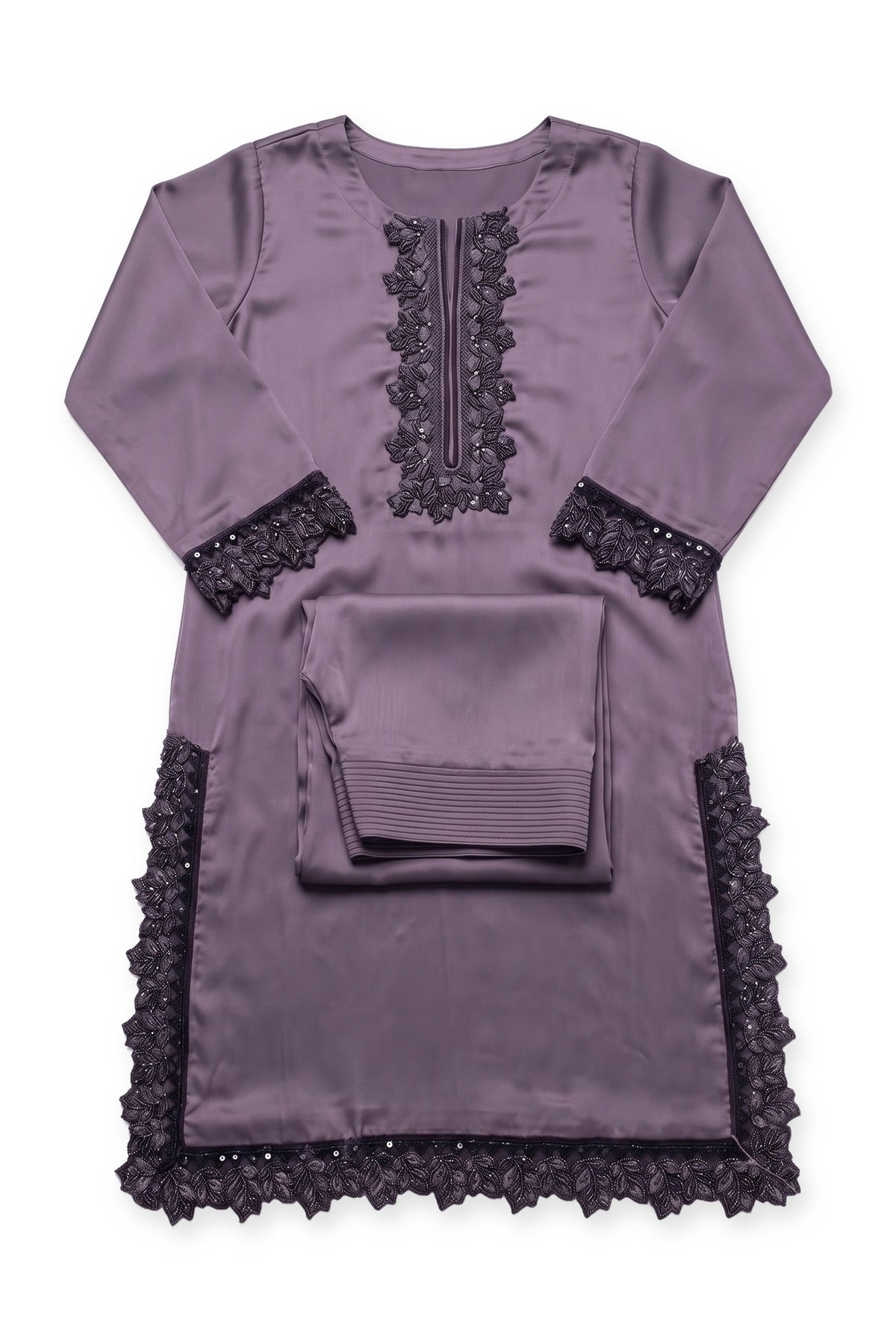 Mauve Noir Lace Suit laid flat on white with its folded trousers