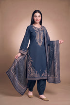 Model wearing the Midnight Paisley Suit in ink blue, full-length front view with the dupatta spread out