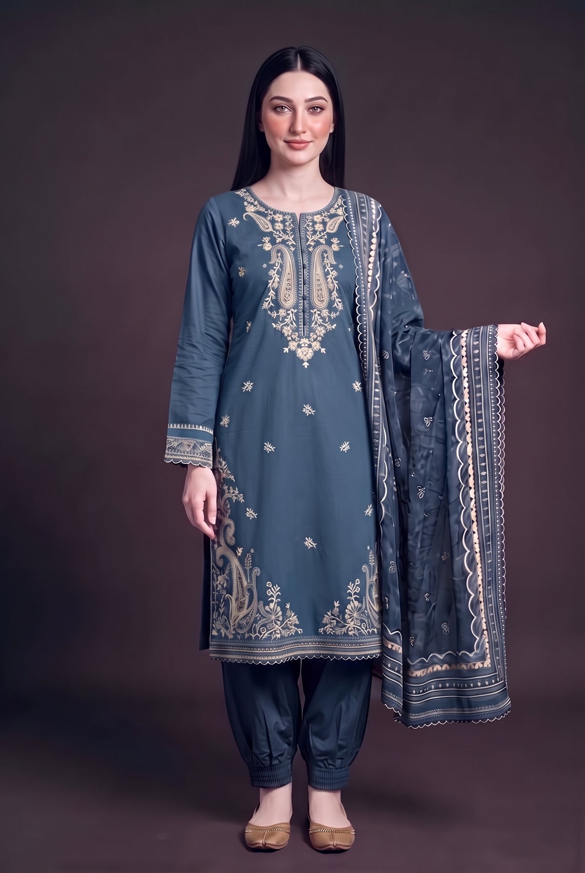 Model wearing the Midnight Paisley Suit, showing the ivory paisley neckline and embroidered hem