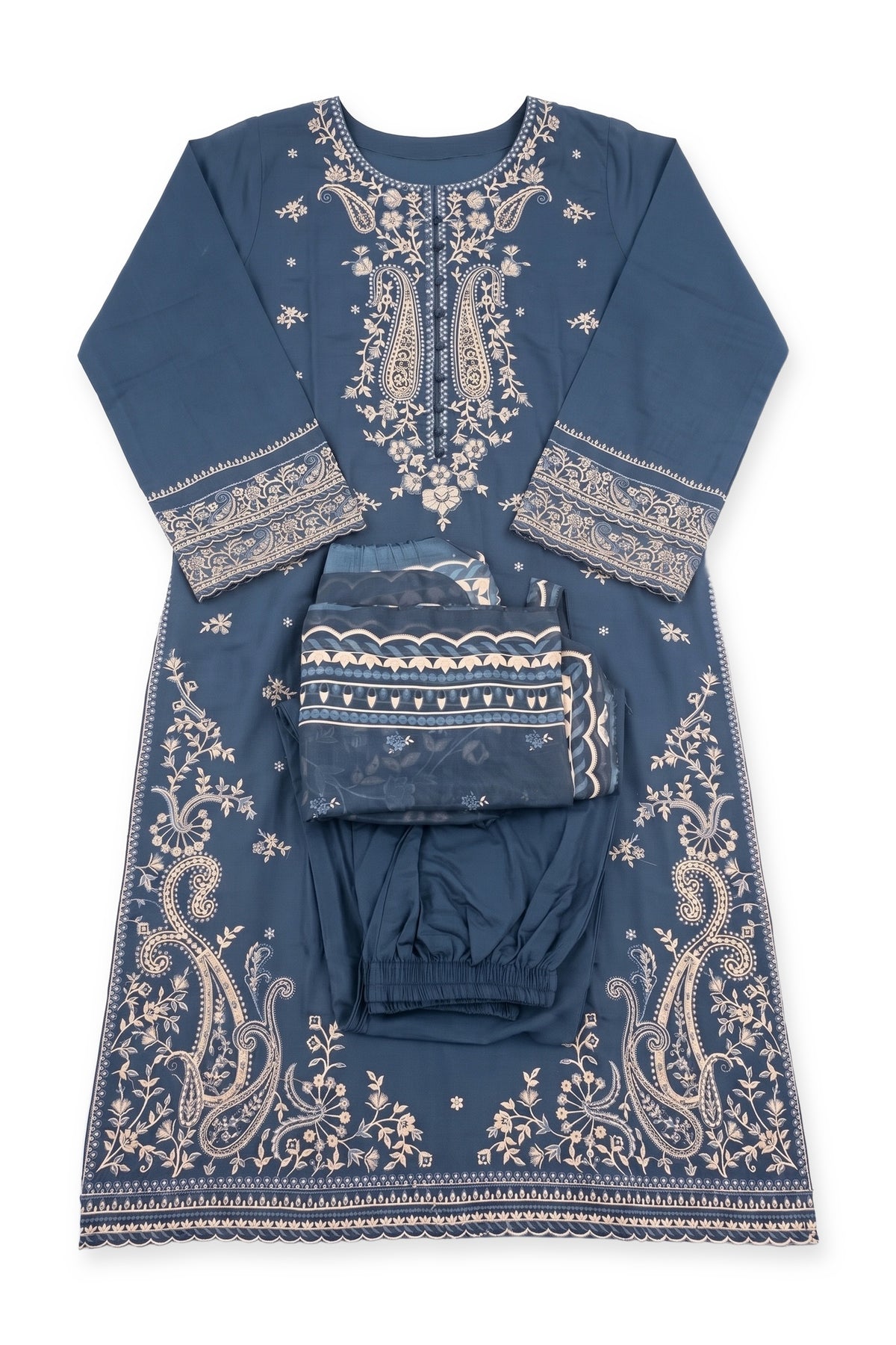 Midnight Paisley Suit laid flat on white with its folded trousers and dupatta