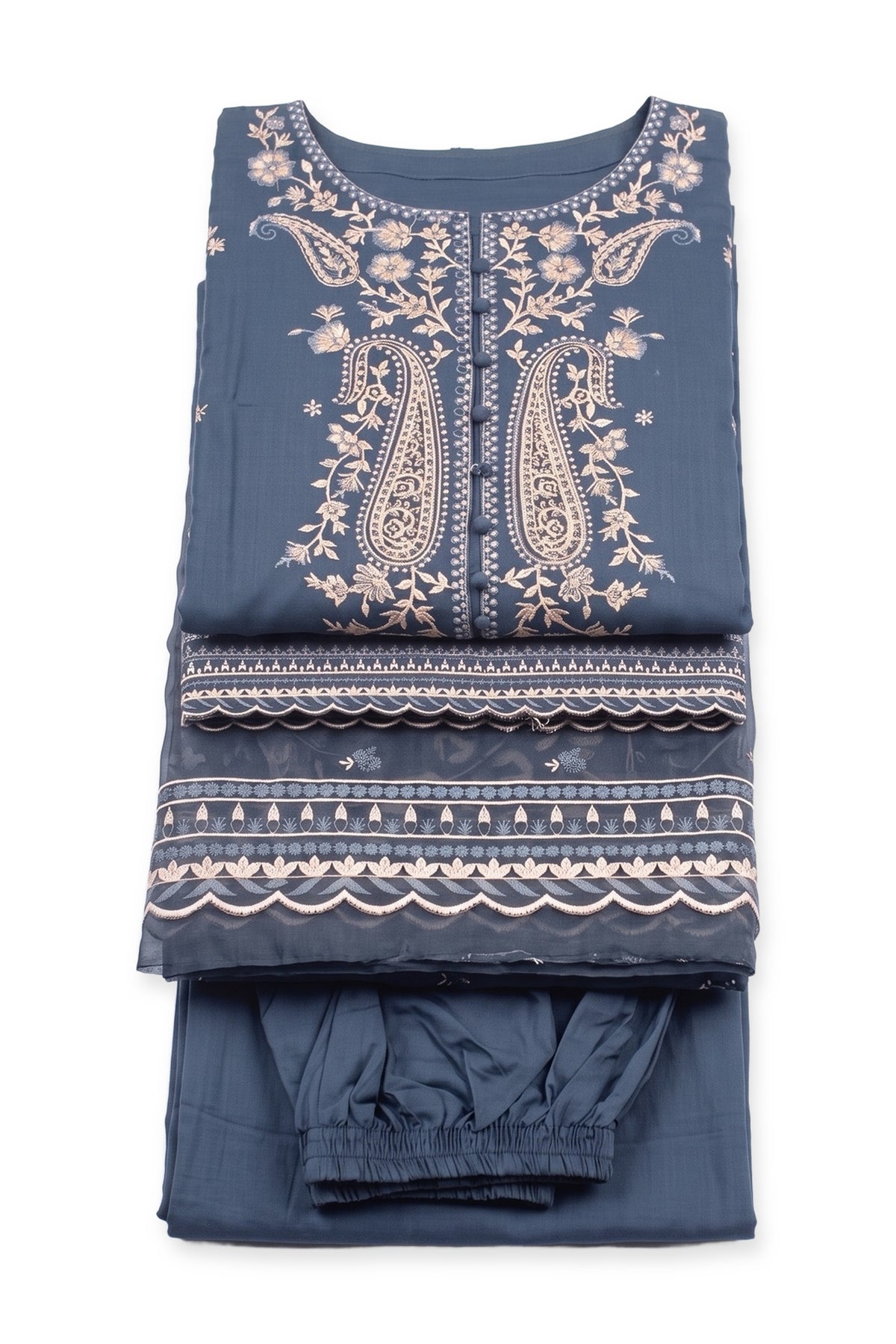 Midnight Paisley Suit folded to show the paisley neckline, with the printed-border dupatta and trousers