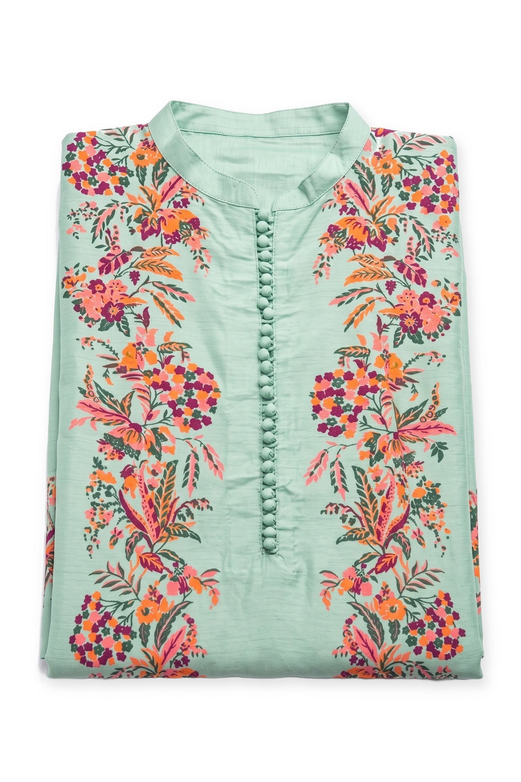 Garland Kurta in mint folded to show the mandarin collar, covered buttons and floral print