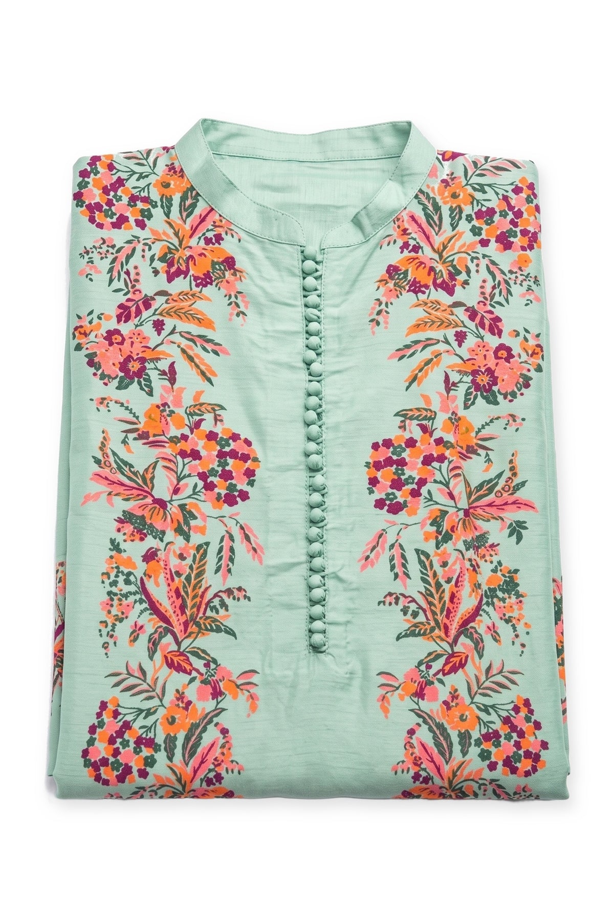 Garland Kurta in mint folded to show the mandarin collar, covered buttons and floral print
