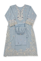 Misty Blue Cutwork Suit laid flat on white with its folded trousers and dupatta