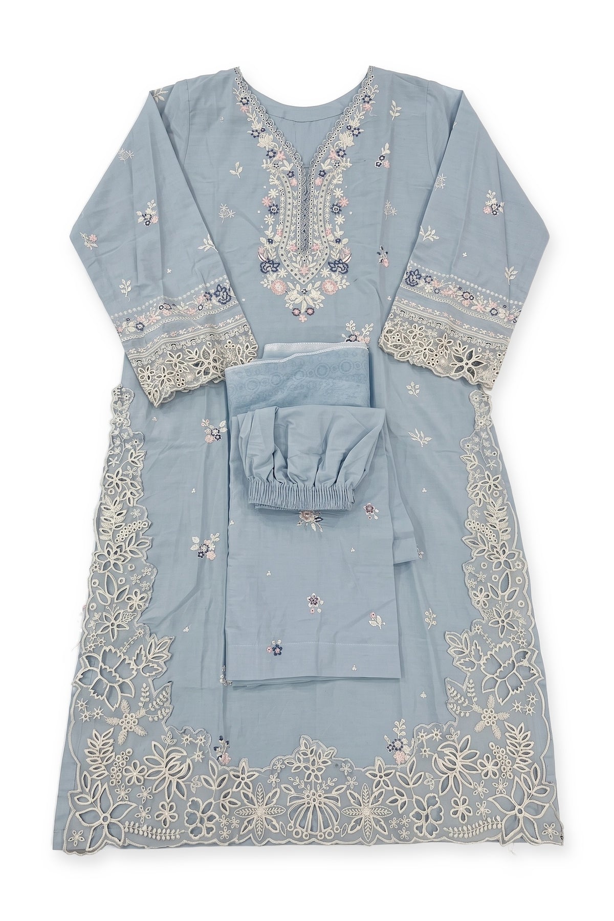 Misty Blue Cutwork Suit laid flat on white with its folded trousers and dupatta