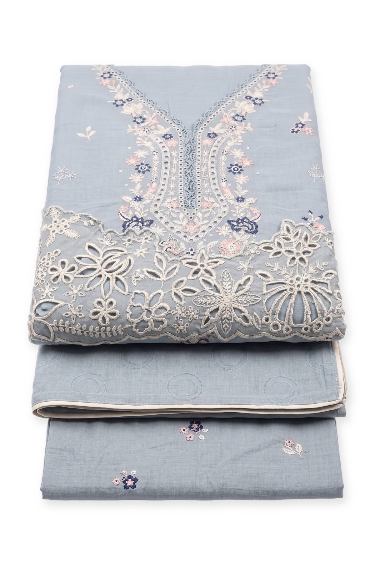Misty Blue Cutwork Suit folded to show the neckline embroidery and cutwork border, with dupatta and trousers