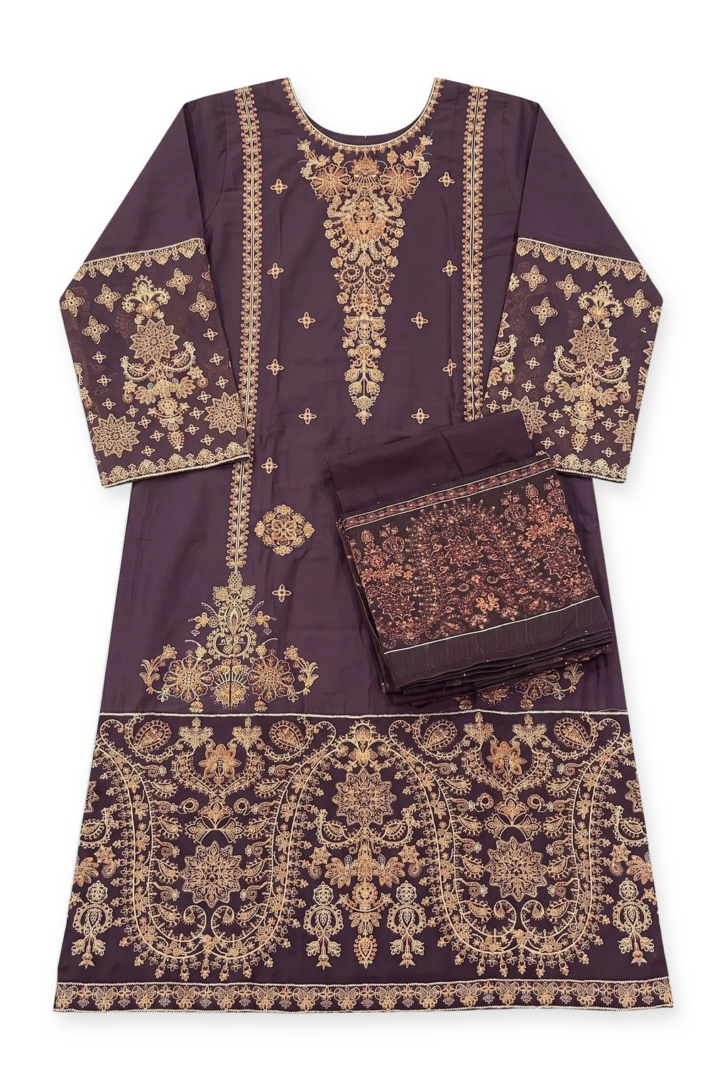Mulberry Gilded Suit laid flat on white with its folded trousers and dupatta