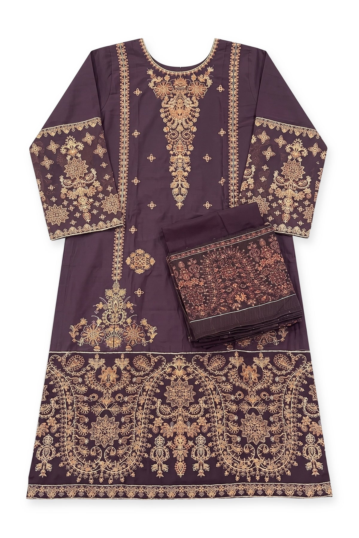 Mulberry Gilded Suit laid flat on white with its folded trousers and dupatta