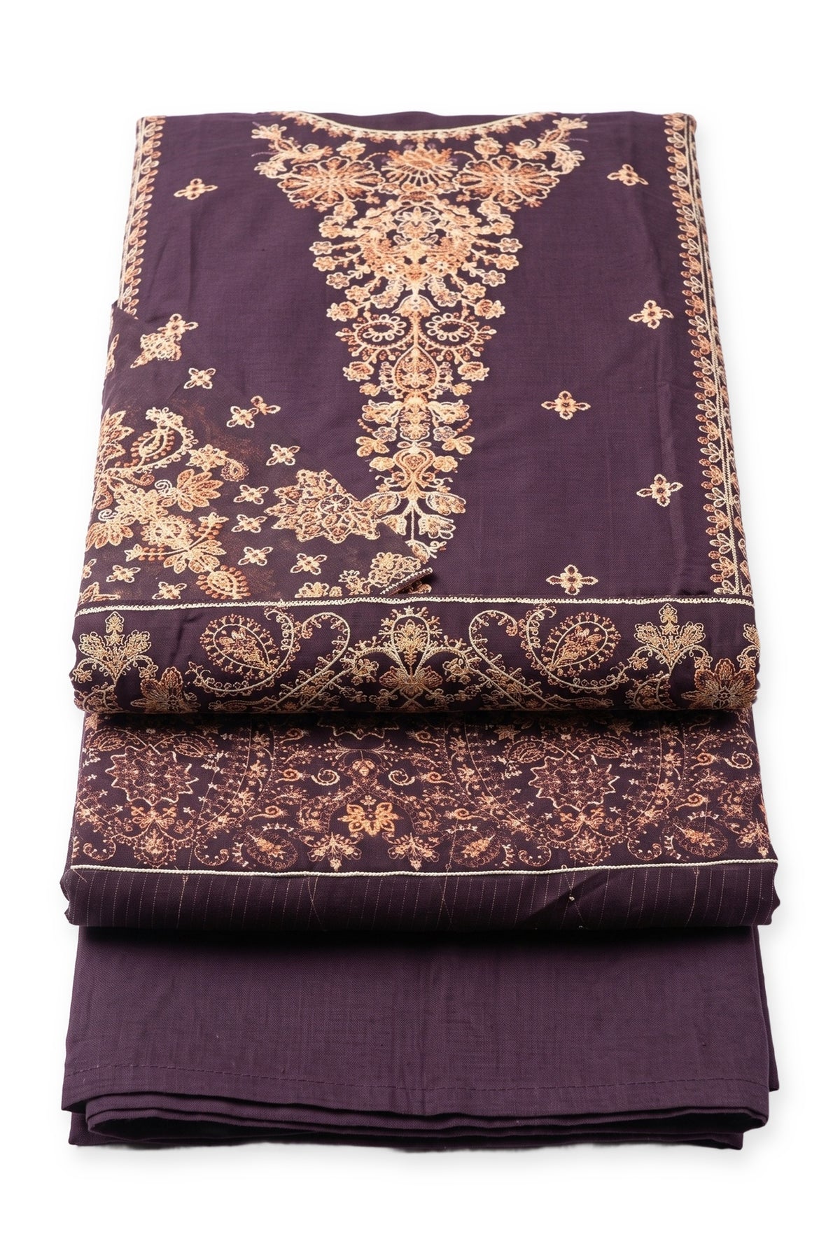 Mulberry Gilded Suit folded to show the embroidered yoke and hem panel, with the paisley dupatta and trousers