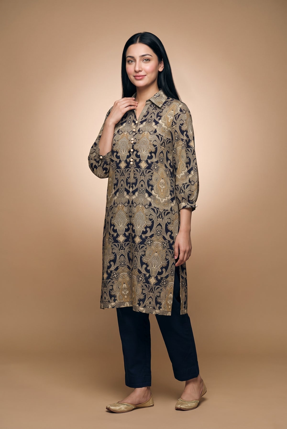 Model wearing the Navy Damask Pearl Suit in navy damask print with navy trousers, full-length front view