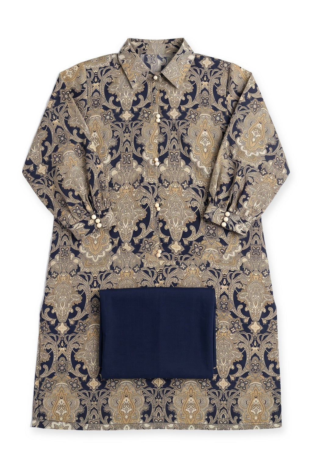 Navy Damask Pearl Suit laid flat on white with its folded navy trousers