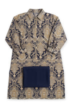 Navy Damask Pearl Suit laid flat on white with its folded navy trousers