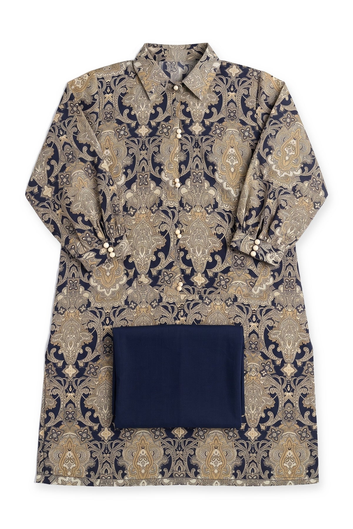 Navy Damask Pearl Suit laid flat on white with its folded navy trousers