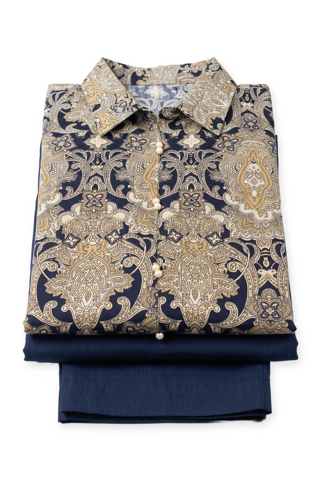 Navy Damask Pearl Suit folded to show the collar and button placket, with the navy trousers